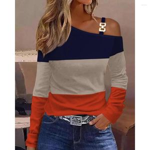 T-shirt da donna Moda Donna Colorblock Camicetta con spalle scoperte 2023 Femme Casual Top manica lunga Office Lady Contrast Lace Tee