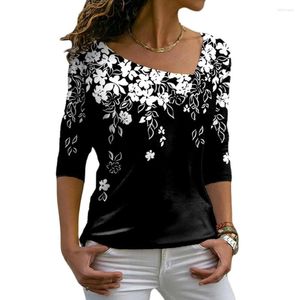 Women's T Shirts 2023 Autumn Women Flower 3D Printing Long Sleeve Fashion Loose Irregular Diagonal Collar Ladies Clothes Shirt Tops