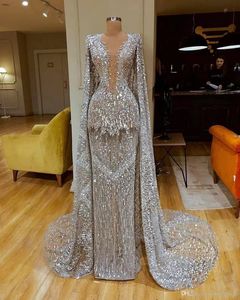 Luxurious Silver Beadings Sequins Prom Dresses Vintage Long Sleeve Sheer Neck Beads Women Formal Occasion Gowns Evening Party Wears BC15230