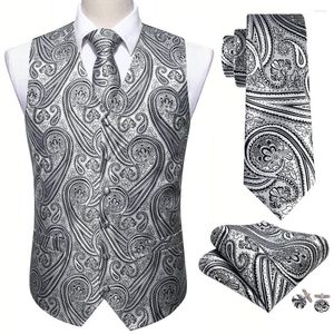 Men's Vests Gray Floral Silk Vest Waistcoat Men Slim Suit Paisley Necktie Handkerchief Cufflinks Tie Business Barry.Wang Design