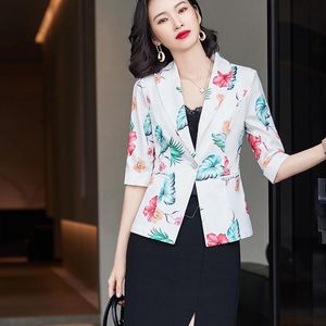 Women's Suits & Blazers Three-quarter Sleeve Korean Business Women Blazer Jacket Spring Summer Casual Printing One Button Suit Work Tops Plu