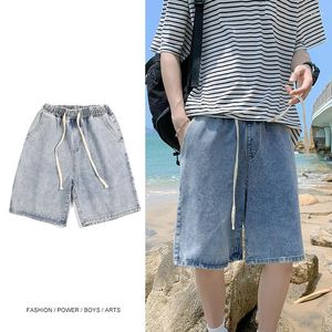 Mäns jeans män sommar denim shorts koreansk elastisk midja snörning raka ben byxor student lös casual bomull