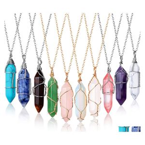 Colares pendentes reiki cura de pedra natural colar wrap wrap hexagonal amethyst rosa quartzo cristal pendum chakra entrega dhhnxf