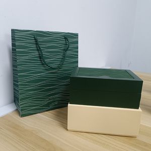 Caixas de qualidade de designer Dark Green DATE Watch Dhgates Box Luxury Gift Woody Case para relógios Yacht Watch Booklet Card Tags e Swis244W