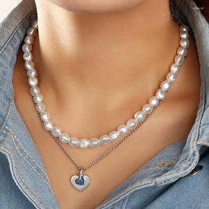 Pendant Necklaces Elegant Double Layer Pearl Necklace Set Women Metal Heart Chain Clavicle Chockers Boho Fashion Jewelry