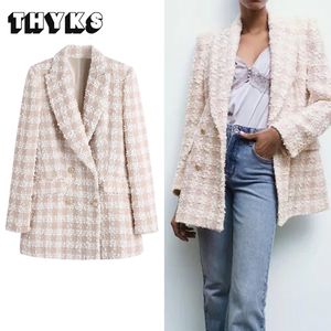 Abiti da donna Blazer Donna Blazer in tweed Cappotto da ufficio Abito vintage Capispalla femminile Chic Giacca lunga scozzese Veste Femme Za Donna TRAF Moda 230220