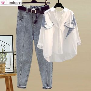 Fatos femininos estilo coreano elegante calças femininas conjunto solto casual chiffon camisa perfurada jeans de duas peças conjunto outfits blusa feminina tracksuit 230220