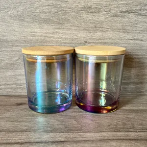 Castiçal de vidro iridescente 11 onças com tampa de bambu garrafa de água em branco jarra de vela faça você mesmo