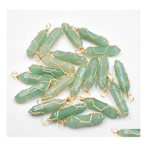 Charms Wire Gold Stone Natural Aventurina Green Hexagonal Healing Reiki Pingents Pingents for Jewelry Making FFSHOP2001 Drop Delt