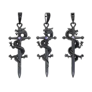 New Arrived Dragon Sword Pendant Necklace Red Purple Blue Cz Paved Black Color Jewelry for Men Boy Christmas Gifts