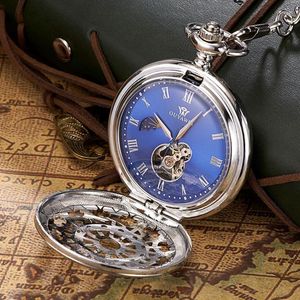 Zegarki kieszonkowe OYW Ręczne uzwojenie mechaniczne steampunk Mężczyźni Watch Niebieski szkieletowy kawałek Naszyjnik wisiorek