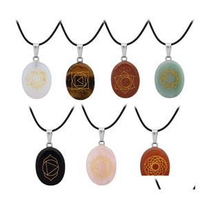Pendant Necklaces Carve Religious Yoga Symbol Chakras Healing Natural Stone Necklace Pink Tigers Eye Rose Quartz Crystal Charms Jewe Dhgux