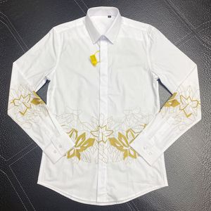 豪華なブランドデザインシャツメンエレガントなゴールドライン刺繍カミザ長袖スリムカジュアルビジネス男性ドレスシャツプラスサイズ