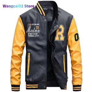 Men's Jackets Fleece Pilot Leather Jacket Hombre Embroidery Baseball Jackets Men Letter Stand Collar Pu Leather Hip Hop Coats Plus Size 4XL 022023H