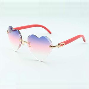 óculos óculos de sol 8300687 com lente cortante em forma de coração e hastes vermelhas de madeira natural tamanho 58-18-135 mm