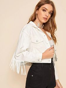 Damenjacken Stilvolle Fransen Perlen Lose Weiße Jeansjacke Mantel Frauen Herbst Mode Langarm Lässige Oberbekleidung Veste Femme Abrigo