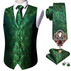 Erkek Yelekler 5 PCS Tasarımcı Erkek Düğün Takım Yelek Yeşil Paisley Jacquard Folral İpek Delek Kravat Broşlar Set Barry.Wang Damat