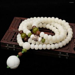 Strand Retro Bodhi Root Bracelet White Jade 108 Buddha Beads Rosary Lotus Pendant Ethnic Necklace Jewelry Gifts