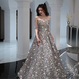 Glitter A-line Prom Abiti da festa 2023 Cinghie Sweetheart Lace Up Paillettes Abiti da sera formali Sexy Arabo Laurea Abiti da festa