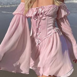 Casual Dresses Fairy Pink Chiffon Mini Dress Chic Women Bandage Corset Vintage Long Puff Sleeve Sundress Slash Neck Bridesmaid Bodycon Beach L230217