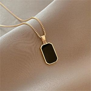 Stainless Steel Minimalist Rectangular Pendant Korean Black Epoxy Women's Gold Necklace Exquisite Long Jewelry Gift GC1918