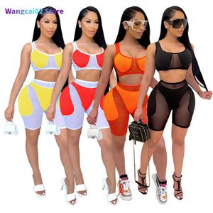 Zweiteilige Damen-Hosen, lässig, durchsichtiges Mesh-Patchwork-Trainingsanzug, Frauen, Sommer, sexy Tank-Crop-Top, Biker-Shorts, figurbetont, Club, zweiteiliges Set, Outfits 022023H