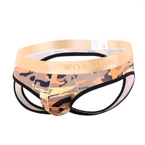 Majtki męskie otwórz bielizna Sexy Jockstrap String Homme figi stringi gejowskie męskie kamuflaż Backless oddychające