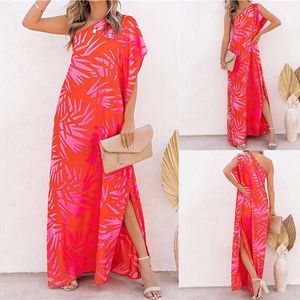 Lässige Kleider Damen Maxi-Strickkleid, unregelmäßig, eine Schulter, rot, Blumenmuster, Sommer für bequeme Petite