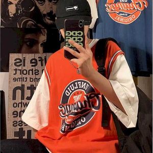 T-shirt da uomo Summer Fake TwoPiece TShirt Stampato a maniche corte Uomo Hong Kong Style Loose AllMatch Top HipHop coreano Sportsman Streetwear Z0220