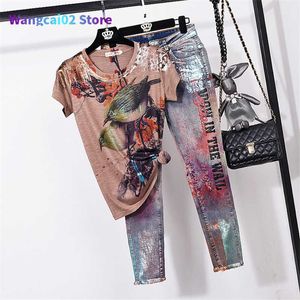 Women's Tracksuits Summer Vintage Print Tshirt Pencil Denim Pants 2 Piece Set Women Loose Short sleeve T shirt Jeans Suit Female Fashion Streetwear 022023H