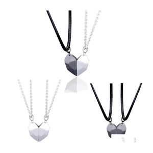 Pendant Necklaces 2Pcs Magnetic Couple Lovers Heart Distance Faceted Charm Necklace Women Valentines Day Friendship Gift Drop Delive Dhkex