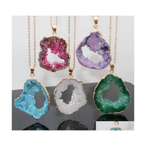 Pendant Necklaces Hollow Crystal Druzy Stone Necklace Pink Rose Quartz Chakras Gold Plating Edged Pendants For Women Gift Jewelry Dr Dhcj3