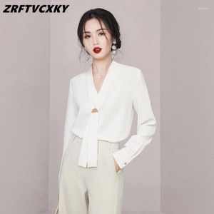 Kvinnors blusar hösten enkla kontor lady blus kvinnlig mode slips skjorta toppar långärmad avslappnad koreansk ol stil lösa kvinnor