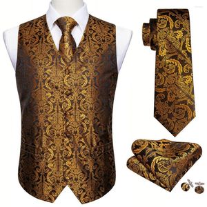Men's Vests Gold Silk Vest Waistcoat Men Slim Suit Black Paisley Necktie Handkerchief Cufflinks Tie Business Barry.Wang Design