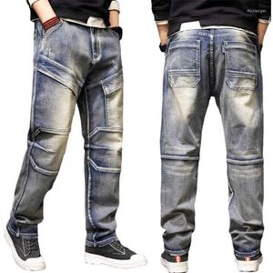 Jeans masculinos Homens angustiados Big Pocket Logo Baggy calça de jeans reta Tactical Homem Tamanho 29-44