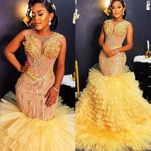 Aso 2023 Arabic Ebi Gold Mermaid Prom Dresses Lace Beaded Sexy Evening Formal Party Second Reception Birthday Engagement Gowns Dress ZJ188