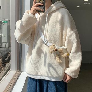 Mäns huvtröjor Autumn 2023 Men's Comfort Lamb Fleece Sweater Hooded Pullover Literature and Art Youth Warm Solid Color Casual Tops