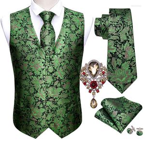 Mäns västar 5st Barry.Wang Green Floral Wedding Vest For Men Suit Silk Slyckig manschettknappar Broscher Ställ in formell affärsmästning