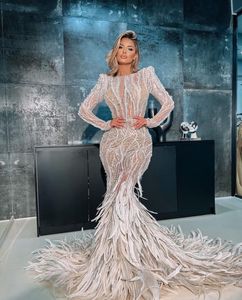 Prom Mermaid Long Sleeves High Neck Lace Hollow Hollow Sexy Pearls equins adgined Leend Complity Celebrity Sevial ​​Dresses بالإضافة إلى حجم حجم مخصص مصنوع