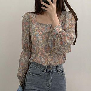 Women's Blouses Blouse Women Cute Top Floral Print Young Square Neck Puff Sleeve Lovely Ladies For Work Clothes Fashion Korean Style