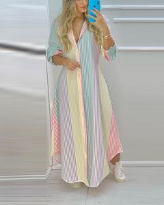 Casual Kleider Sommer Frauen Farbe Gestreiften Taste Hohe Schlitz Hemd Maxi Kleid Femme Drehen-unten Kragen Robe Büro Dame outfits 2023