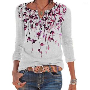 Women's T Shirts 2023 Autumn Women Clothing Casual Loose Splice Long Sleeve T-shirts Ladies Fashion Floral Printed V-Neck Cotton Pullover