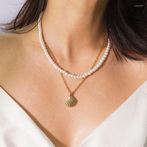 Hänge halsband Fashion Temperament Imitation Pearl Scallop Shell Necklace For Women Double Layer Geometric Clavicle SMYCKEL