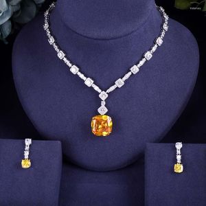 Necklace Earrings Set Janeklly Trendy Wedding For Women Yellow Stone Full Cubic Zirconia Bridal Pendientes Mujer Moda