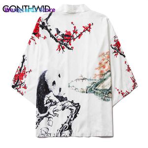 Herrenjacken Gonthwid Panda Pflaumen Blütendruck Herren lässig Kimono Japanisch Blumendruck Kimono Strickjacken Hemd Jacken Streetwear Coats 022023h