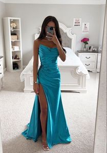 2023 Fabulous Silk Satin Long Prom Dresses Split Evening Party Gowns Evening Dress with Slit Graduation Homecoming Dress Strapless