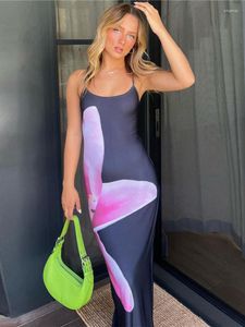 Günlük Elbiseler Mozision Spagetti Kayışı Çiçek Baskı Maxi Elbise Kadınlar Için Robe Seksi Backless Kolsuz Uzun Bayanlar Bodycon Sundress