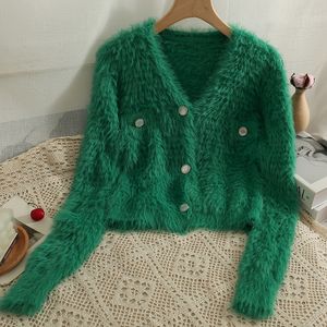 V Neck Långärmad kvinnors jackor Solid Color Cardigan Single-Breasted Design Sense Sweater Summer Korean Chic Simple All-Match Coat 2023