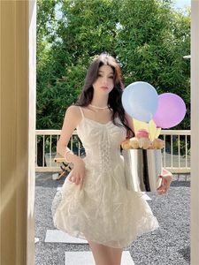 Casual Dresses Lonely Fairy Kawaii Sweet Lace Stitching Sling Mini Dress White Sexig Romantic Boho Seaside Holiday French Women's Clothin