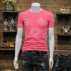 New men's luxury printed mercerized cotton rhinestone casual men's slim T-shirt designer crewneck short sleeve top pink blue